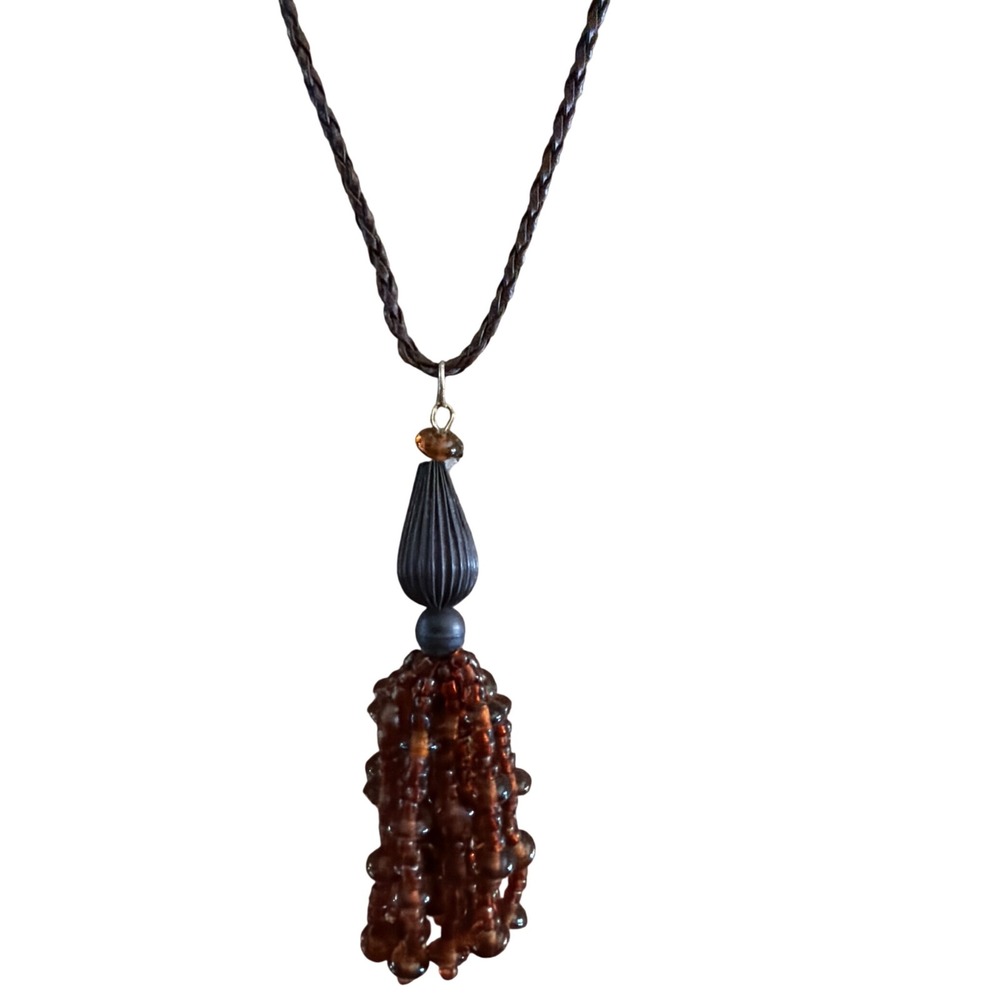 Braided Brown Cord Amber Color Seed Bead Tassel Pendant Necklace Adjustable
